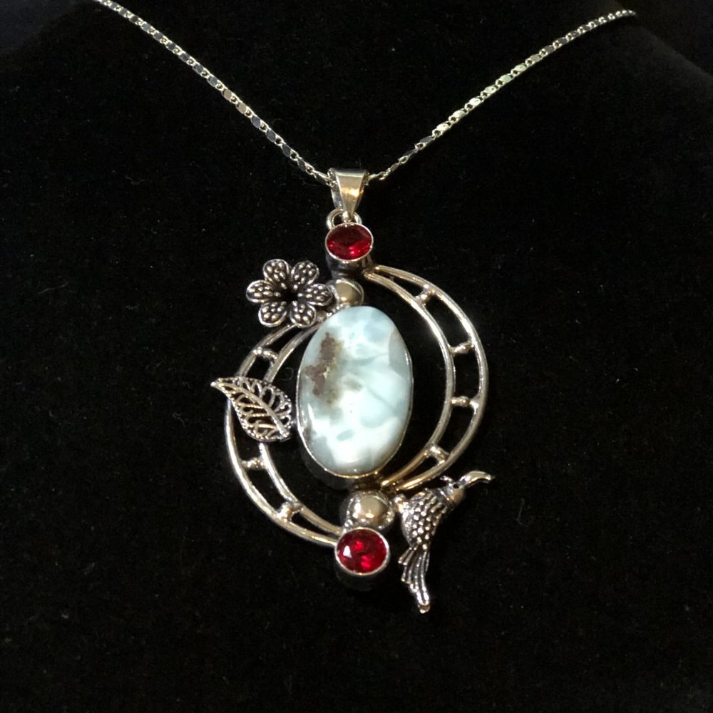 Handmade Stamped 925 Republic Larimar, Garnet Gemstone Necklace & Earring Set - Picture 3 of 7